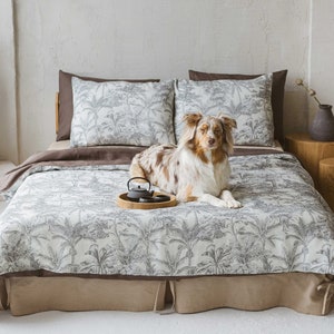 Linen Duvet Cover Set with Vintage Tropical Print. Reversible, King, Queen Linen Duvet Cover + 2 Pillowcases.