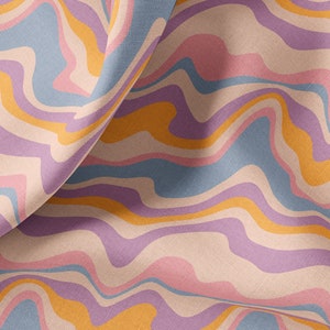 Retro Print Linen By The Yard or Meter, Retro Groovy Waves Print Linen Fabric For Clothing, Bedding, Curtains & Upholstery