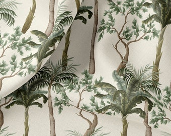 Vintage Tropical Linen Fabric: Palm Tree Print, By The Yard