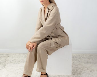 Heavy Linen Suit for Women. 2 Piece Natural Linen Women's Suit. Oversized 2 Piece - Blazer and Trousers Set.