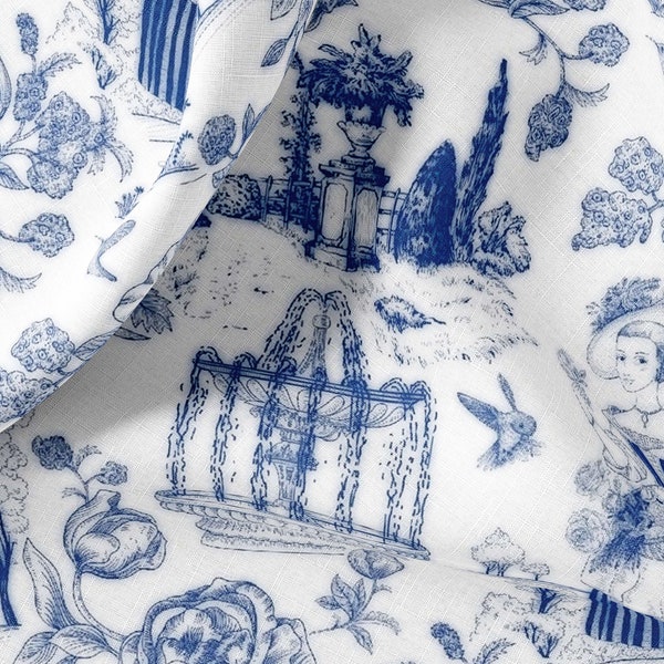 Vintage Linen By The Yard French Toile de Jouy  Print Linen Fabric For Bedding, Curtains, Dresses, Clothing, Table Cloth & Pillow Covers