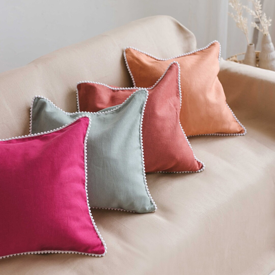 Decorative Linen Pillow Cover With Pom Pom Trim. Soft, Stonewashed