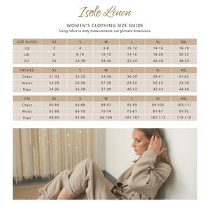 May include: A size chart for women's clothing, showing measurements in inches and centimeters for chest, waist, and hips. The chart includes sizes XS, S, M, L, XL, and XXL.