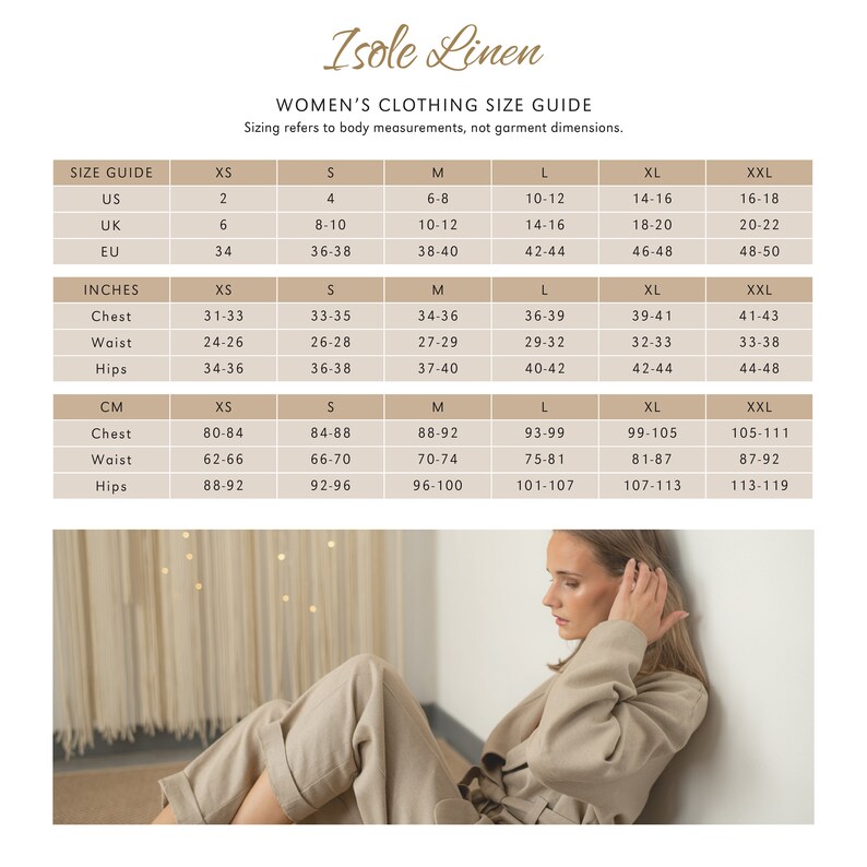 May include: A size chart for women's clothing, showing measurements in inches and centimeters for chest, waist, and hips. The chart includes sizes XS, S, M, L, XL, and XXL.
