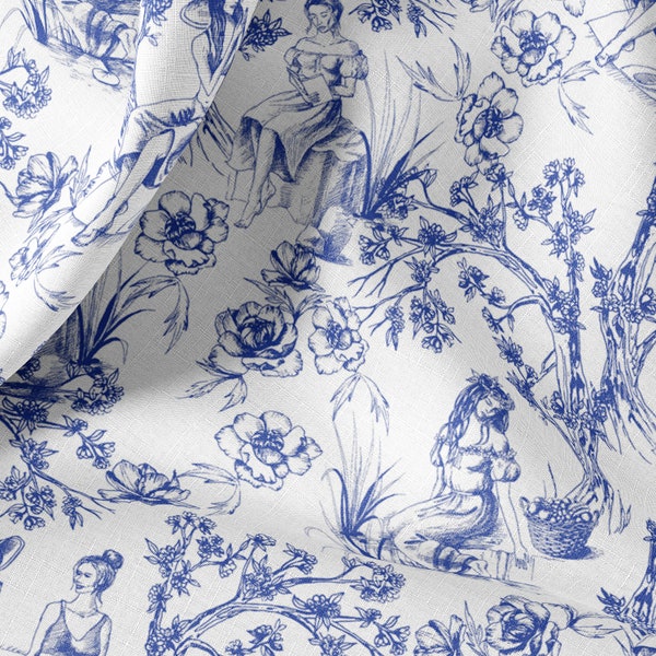 Linge de maison vintage par mètre ou mètre, lin imprimé Toile de Jouy pour literie, rideaux, vêtements, taies d'oreiller et tissus d'ameublement