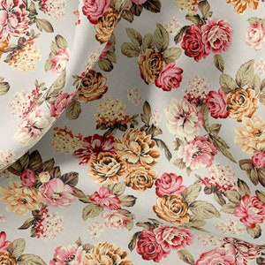 Vintage Linen By The Yard or Meter, Vintage Antique Roses Print Linen Fabric For Bedding, Curtains, Clothing, Table Cloth & Pillow Covers