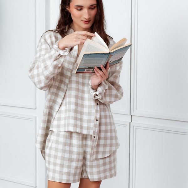 Linen Pyjama Set Natural Gingham - Top, Shorts, Shirt. Linen Sleepwear. Loungewear for Women.