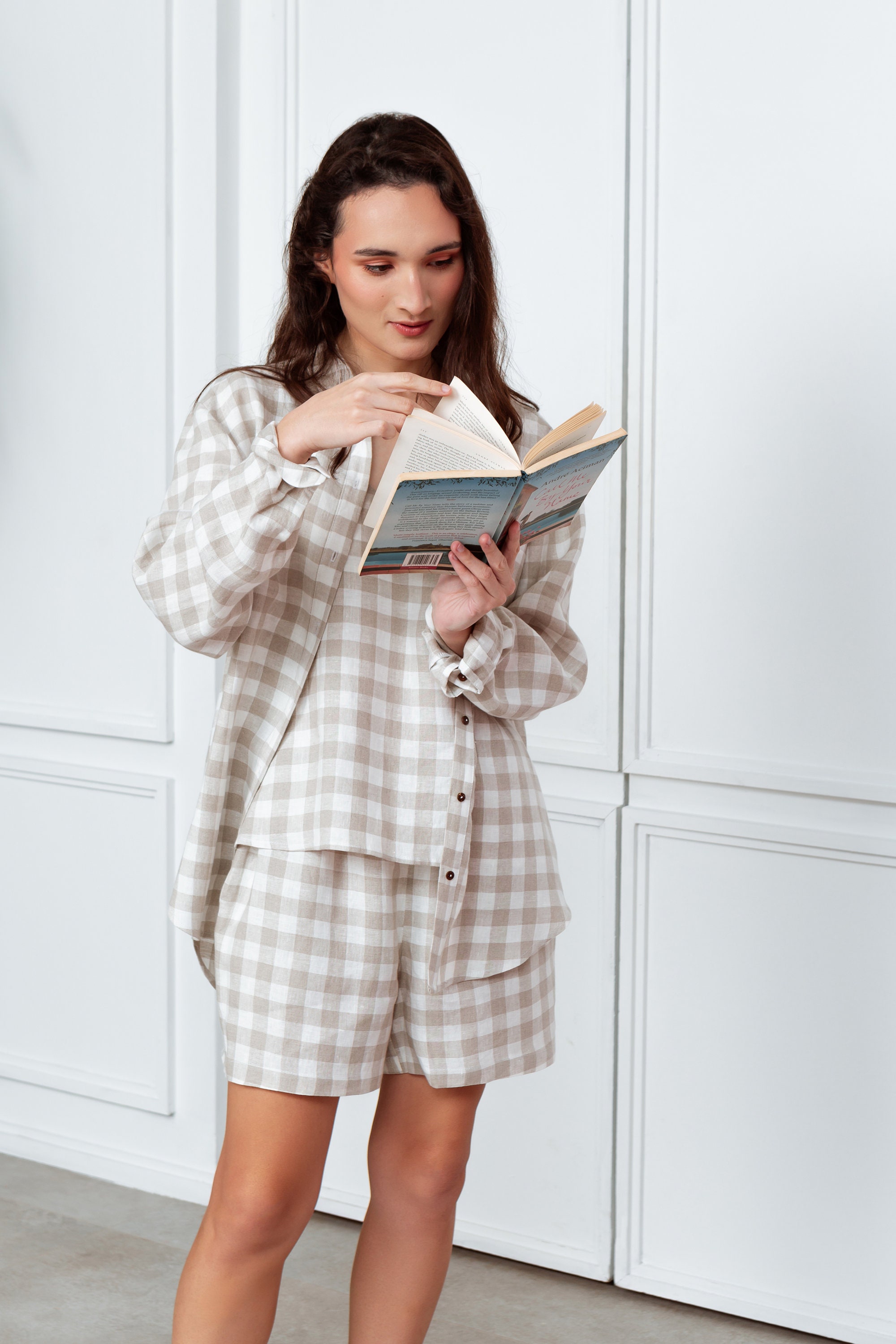 Linen-Blend Oversized Short Pajama Set in Gingham Check