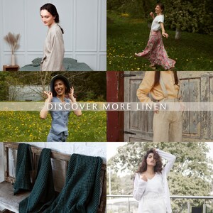May include: A collage of images featuring women wearing linen clothing in various settings. The text "DISCOVER MORE LINEN" is displayed across the middle of the image.