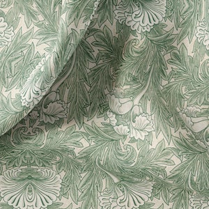 Vintage Green Tulip Print Linen Fabric By The Yard or Meter. For Bedding, Curtains, Clothing, Pillow Covers & Upholstery