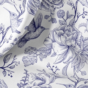 French Toile de Jouy Linen Fabric: Floral Bird Print, By The Yard