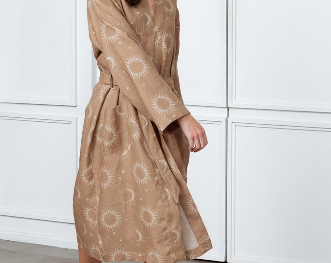 Extremely Soft Linen Bathrobe with a Print. Linen Robe With Pockets. Perfect Gift for Woman.