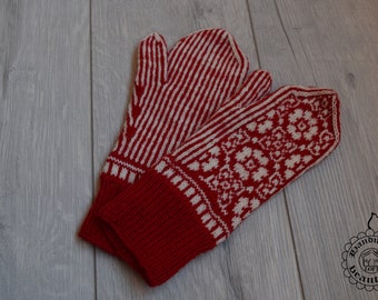 Hand knitted red white Christmas Rose Nordic wool women mittens gloves gift idea for Christmas MADE TO ORDER