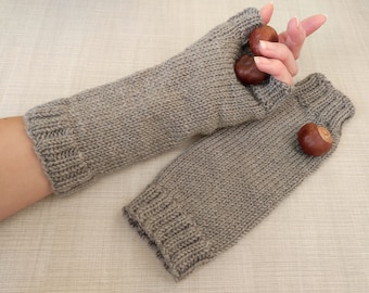 Handmade light grey fingerless and cosy arm warmers cuffs knitted from high quality merino wool yarn READY TO SHIP
