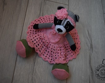 Crochet stuffed handmade amigurumi toy lady raccoon with pink dress gift idea for Christmas birthday toddler toy all colors available