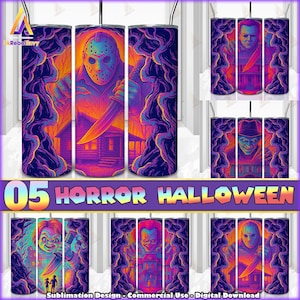 5 Horror Spooky 20 oz Skinny Tumbler Sublimation Design Png, Horror 20oz Tumbler Template Png, Horror Halloween Movies Png, Digital Download