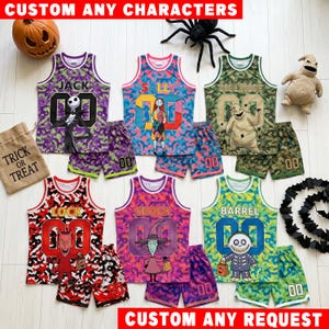 May include: Six sets of sleeveless jerseys and shorts featuring characters from The Nightmare Before Christmas, including Jack, Sally, Oogie Boogie, Lock, Shock, and Barrel. Each set displays a character, their name, and the number 00 on the front.