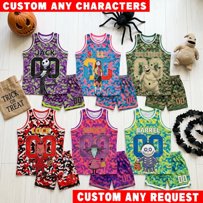 May include: Six sets of sleeveless jerseys and shorts featuring characters from The Nightmare Before Christmas, including Jack, Sally, Oogie Boogie, Lock, Shock, and Barrel. Each set displays a character, their name, and the number 00 on the front.