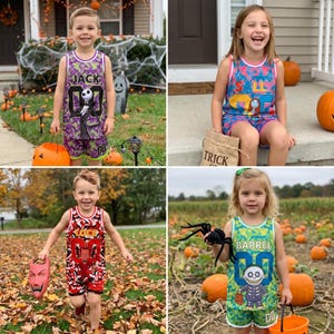 May include: A collection of four children's sleeveless tank top and shorts sets featuring characters from The Nightmare Before Christmas. Each set displays a unique camouflage pattern in purple, blue, red, or green with character names and numbers.