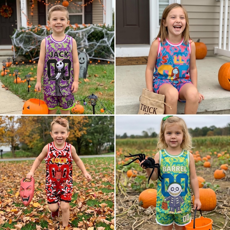 May include: A collection of four children's sleeveless tank top and shorts sets featuring characters from The Nightmare Before Christmas. Each set displays a unique camouflage pattern in purple, blue, red, or green with character names and numbers.