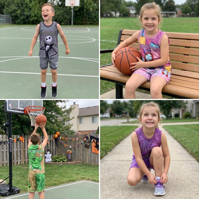May include: A collection of sleeveless athletic jerseys and matching shorts featuring graphic prints of characters from The Nightmare Before Christmas, including Jack Skellington, Sally, and Oogie Boogie, in various color schemes and patterns.