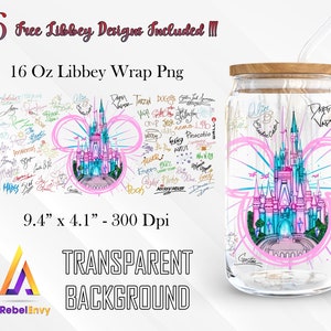 Castle And Signatures Of Cartoon Characters For Design 16oz Libbey Glass Can Wrap Png, Cartoon Castle Png, Mouse Head Png, Digital Download