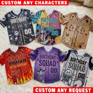 May include: Six short-sleeve button-down baseball jerseys featuring Nightmare Before Christmas characters. Designs include Jack Skellington, Sally, Oogie Boogie, Lock, Shock, and Barrel with text like BIRTHDAY BOY, GIRL, DAD, and SQUAD with the number 00.