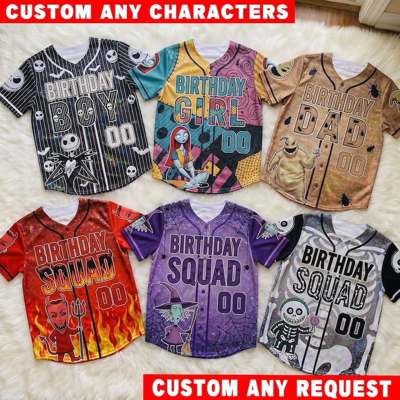 May include: Six short-sleeve button-down baseball jerseys featuring Nightmare Before Christmas characters. Designs include Jack Skellington, Sally, Oogie Boogie, Lock, Shock, and Barrel with text like BIRTHDAY BOY, GIRL, DAD, and SQUAD with the number 00.