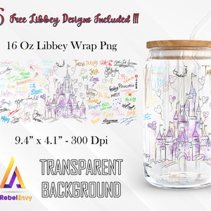 Castle And Signatures Of Cartoon Characters For Design 16oz Libbey Glass Can Wrap Png, Cartoon Castle Png, Instant Digital Download