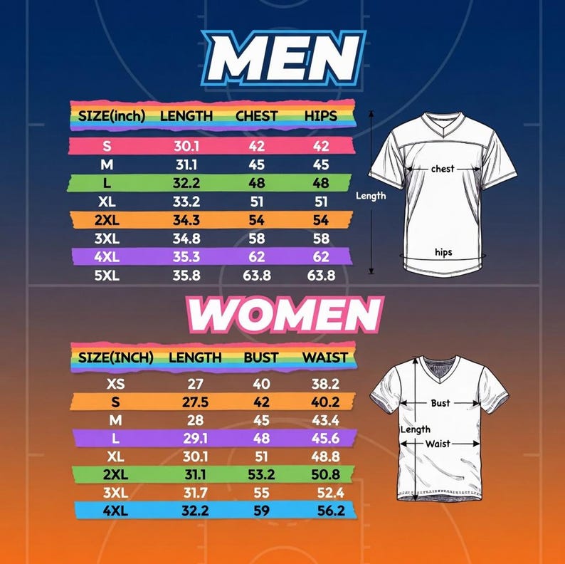 May include: A size chart for apparel featuring two sections labeled MEN and WOMEN. Each section includes a table with rows for sizes and columns for length, chest, hips, bust, and waist measurements in inches, accompanied by diagrams of t-shirts.