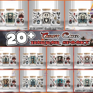 24 designs de personagem de terror para vidro Libbey de 16 onças pode embrulhar Png, carta de tarô Png, modelo de copo de terror de 16 onças Png, download digital instantâneo