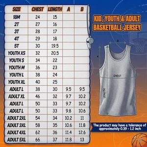 May include: A size chart for a basketball jersey featuring columns for size, chest, and length measurements in inches. The graphic includes a grey tank top illustration with labels A and B, a whistle icon, and text stating a tolerance of 0.39 to 1.2 inches.