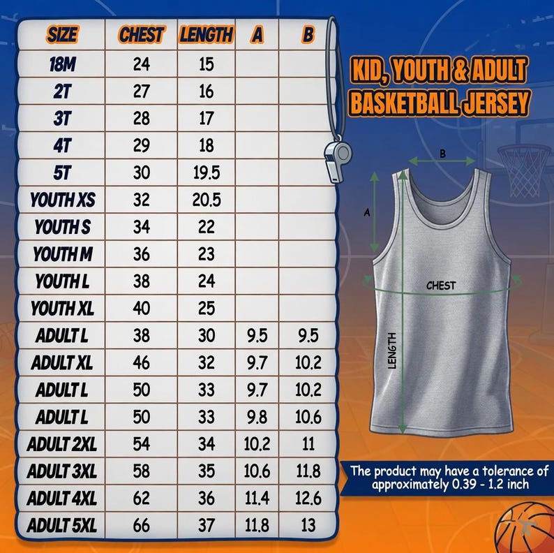 May include: A size chart for a basketball jersey featuring columns for size, chest, and length measurements in inches. The graphic includes a grey tank top illustration with labels A and B, a whistle icon, and text stating a tolerance of 0.39 to 1.2 inches.
