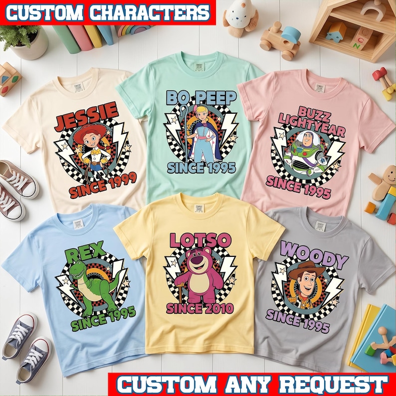 May include: Six short-sleeved t-shirts in cream, light green, pink, light blue, yellow, and gray. Each shirt features a character graphic with a checkered circle, lightning bolts, and text including Jessie Since 1999, Bo Peep Since 1995, Buzz Lightyear Since 1995, Rex Since 1995, Lotso Since 2010, and Woody Since 1995.