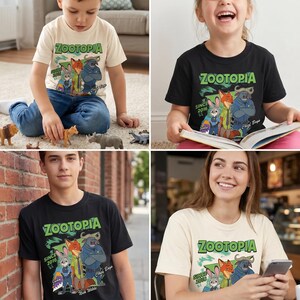 K&ouml;nnte beinhalten: Ein kurz&auml;rmeliges T-Shirt mit einem Zootopia-Grafikdruck der Charaktere Judy, Nick und Chief Bogo, dem Text Zootopia Since 2016 sowie den Namen der Figuren. Das T-Shirt ist in den Farben Creme oder Schwarz mit Rundhalsausschnitt erh&auml;ltlich.