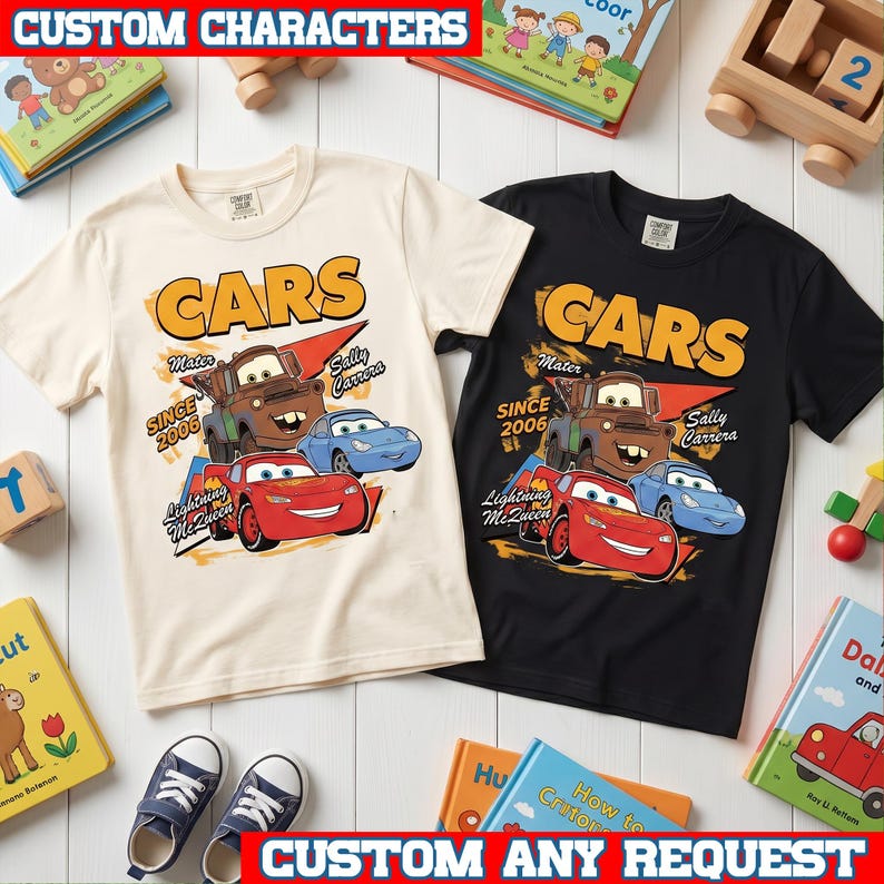 May include: Two short-sleeve t-shirts, one cream and one black, featuring a graphic print of the characters Mater, Sally Carrera, and Lightning McQueen from the movie Cars. The text reads Cars, Mater, Sally Carrera, Lightning McQueen, and Since 2006.
