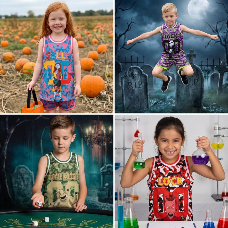 May include: A collection of four sleeveless athletic jerseys and matching shorts featuring character graphics from The Nightmare Before Christmas, including Sally, Jack Skellington, Oogie Boogie, and Lock, with vibrant patterns and bold text designs.