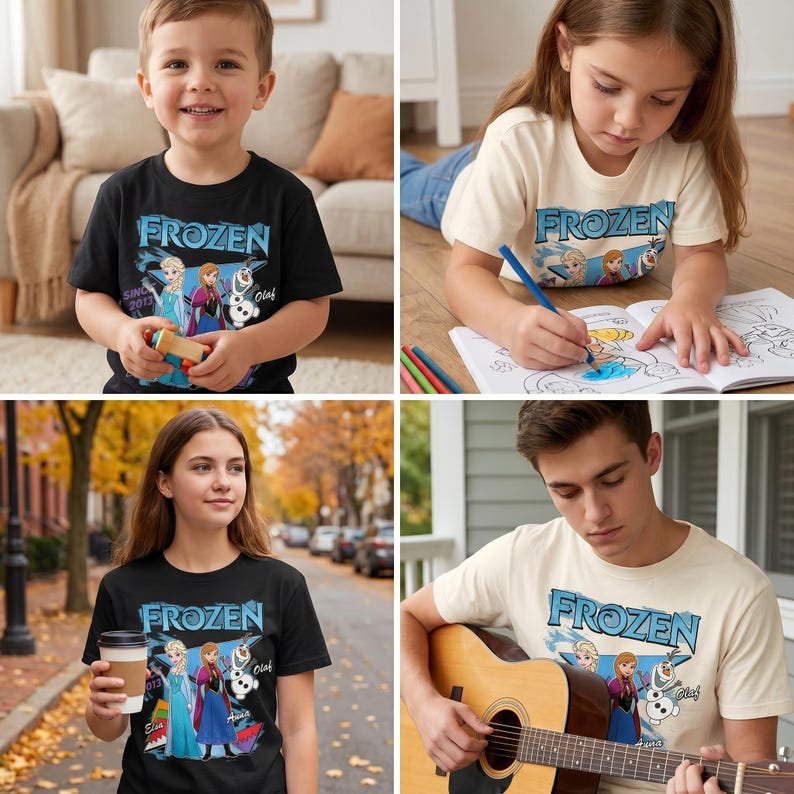 May include: A short-sleeve crew neck t-shirt featuring a graphic print of the Frozen logo with characters Elsa, Anna, and Olaf. The shirt is available in black or cream and displays the text Frozen along with the character names Elsa, Anna, and Olaf.