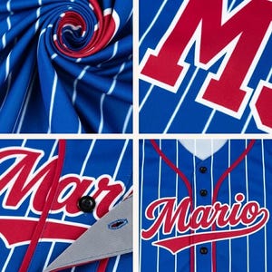 May include: A blue baseball jersey featuring thin white vertical pinstripes and the name Mario in red script lettering with white outlines. The garment includes a button-down front with black buttons and a grey inner lining at the placket.