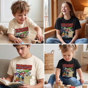 May include: A collection of short-sleeved t-shirts in cream and black featuring a graphic print of The Nightmare Before Christmas characters including Jack Skellington, Sally, and Oogie Boogie with the text The Nightmare Before Christmas.