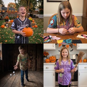 K&ouml;nnte beinhalten: Eine Kollektion von vier gekn&ouml;pften Trikots mit verschiedenen Charaktergrafiken und Mustern. Die Hemden umfassen ein schwarz-wei&szlig;es Jack Skellington-Design, einen mehrfarbigen Patchwork-Stil, einen beigen Charakterdruck und ein violettes Trikot.