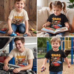 May include: A short-sleeved t-shirt featuring a graphic print of the Cars movie characters, including Mater and Lightning McQueen, with the text "CARS" in yellow, "Since 2006" in white, and "Sally Carrera" in blue, available in cream or black fabric.