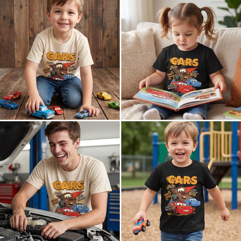 May include: A short-sleeved t-shirt featuring a graphic print of the Cars movie characters, including Mater and Lightning McQueen, with the text "CARS" in yellow, "Since 2006" in white, and "Sally Carrera" in blue, available in cream or black fabric.