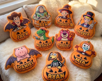 Toy Story Halloween Pillow, Personalized Toy Story Pumpkin Pillow, Custom Name Character Cushion, Woody Buzz Lightyear Kids Gift