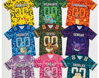 Poke Monsters Personalized Jersey, Eevee Gengar Mew Mewtwo Snorlax Custom Football Shirt, PKM Birthday Family Gift