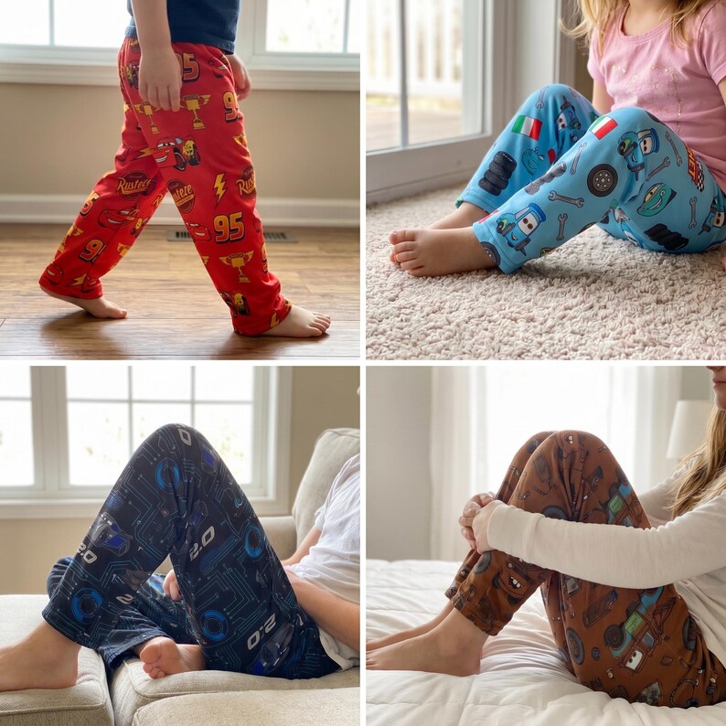 May include: Four pairs of lounge pants featuring various character prints. One pair is red with race car graphics, one is light blue with automotive icons, one is black with blue circuit patterns, and one is brown with cartoon vehicle motifs.