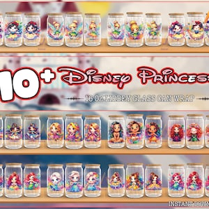 18 ontwerpen schattige prinses voor 16oz Libbey Glass Can Wrap png, kleurrijke prinses, prinses 16oz beker sjabloon png, instant digitale download