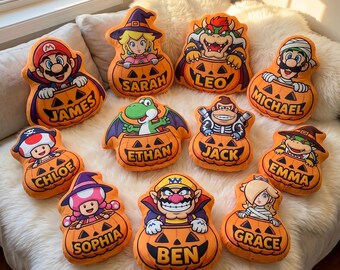 Super Mario Halloween Pillow, Personalized Mario Pumpkin Pillow, Custom Name Nintendo Character Cushion, Gift For Kids Halloween Decor