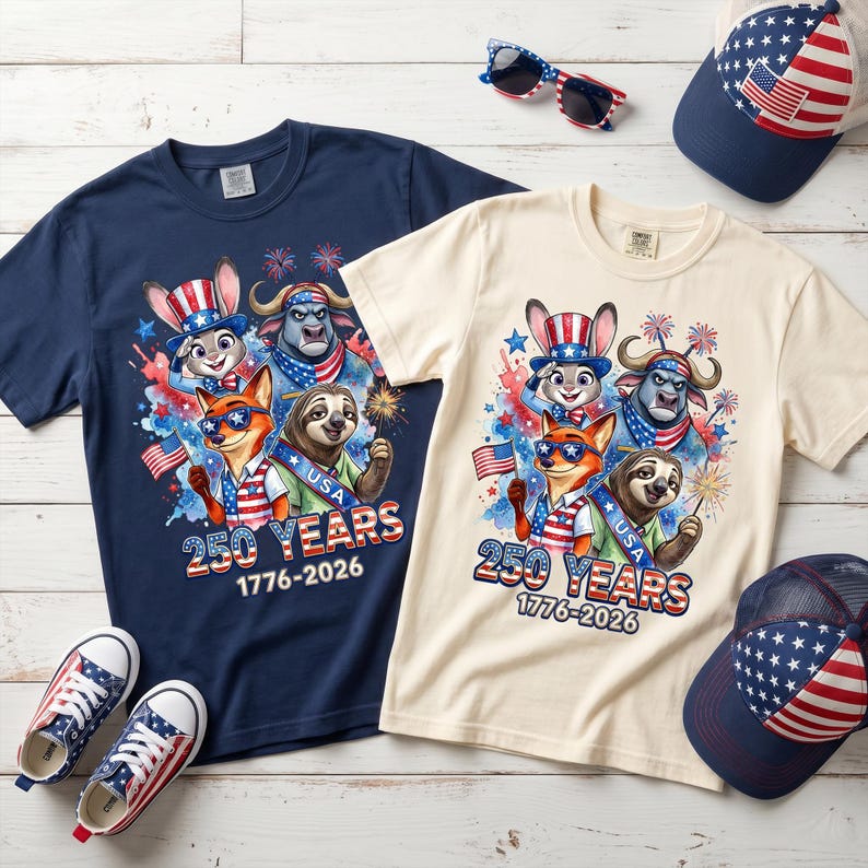Puede incluir: Una camiseta azul marino y una crema con un gr&aacute;fico de animales de dibujos animados con atuendo patri&oacute;tico, sosteniendo banderas estadounidenses y bengalas. El texto dice 250 YEARS 1776-2026. Incluye dos gorras de b&eacute;isbol y un par de zapatillas.
