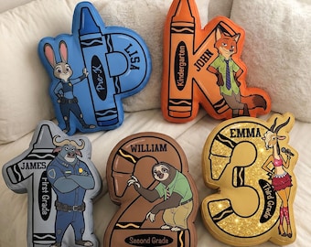 Almohada personalizada con número de Zootopia, almohada de Judy Hopps, Nick Wilde, Flash, Jefe Bogo y Gazelle, regalo de cumpleaños con nombre personalizado